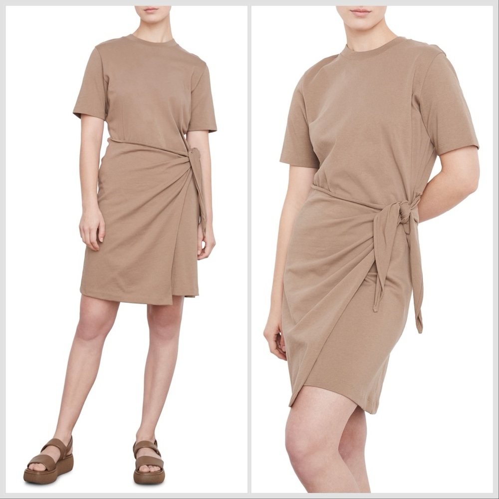 Vince side tie Short Sleeve Cotton T shirt Dress Shale Taupe XS minimalist chic - Picture 6 of 13